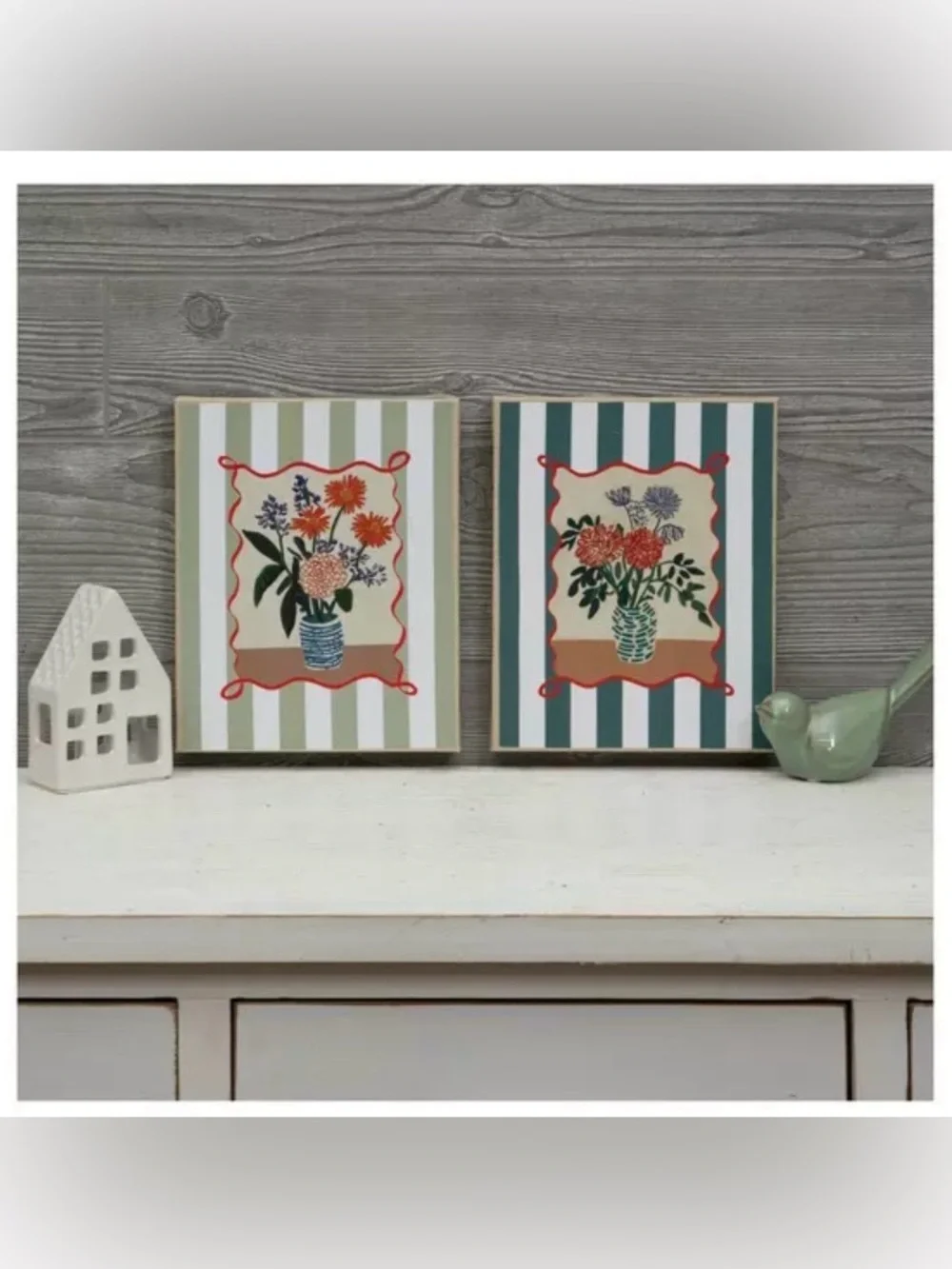 NWT Striped Floral Canvas Wall Art Set